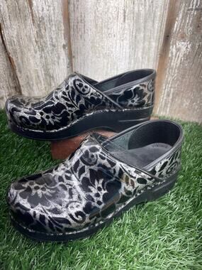 Dansko Professional Patent Black Silver Floral Clogs EU38
